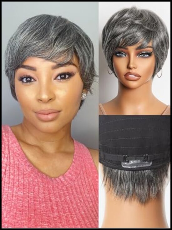 Short Pixie Cut Wig with Bangs Glueless Human Hair Skin Friendly Cap
